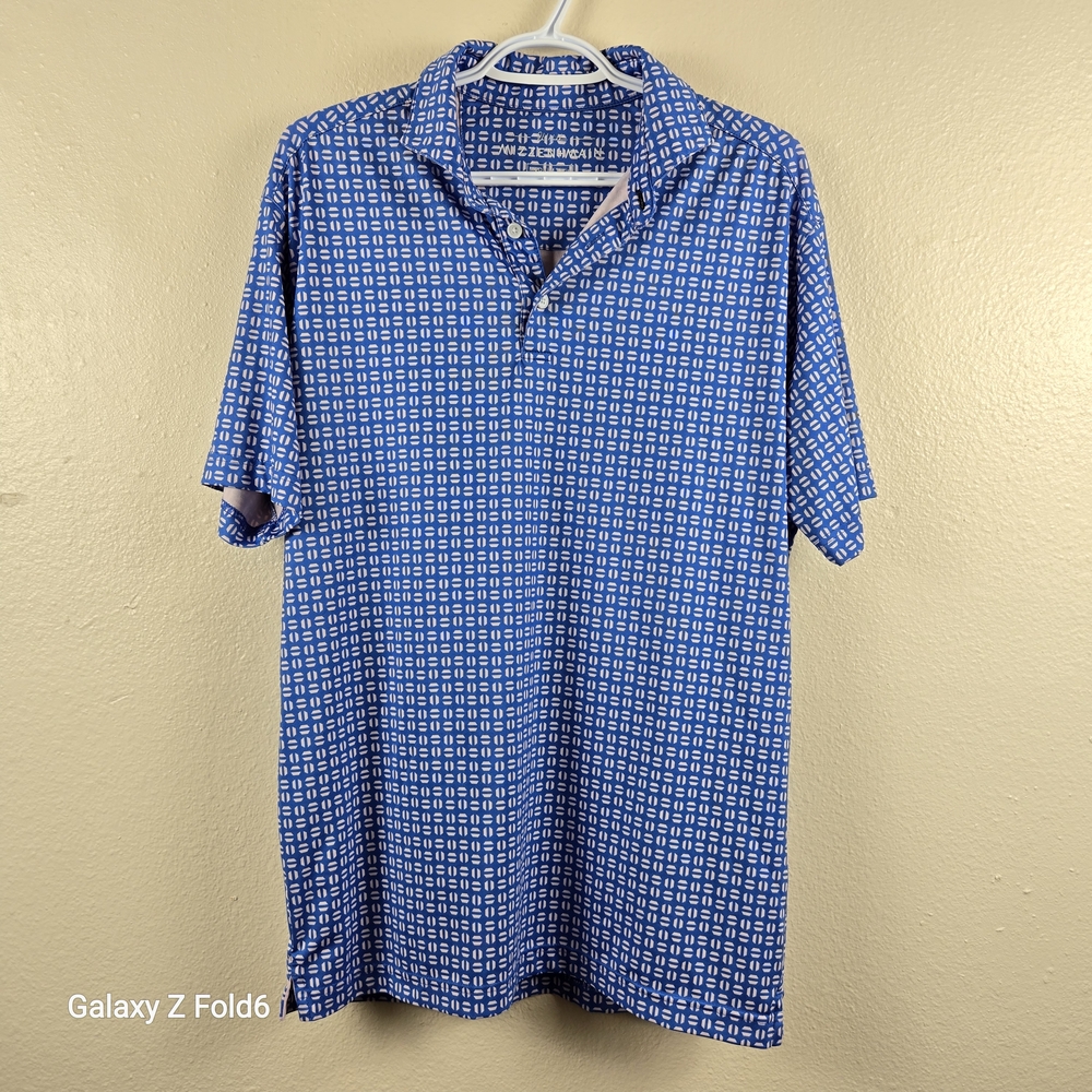 Mizzen+Main Mens'‎ Blue Geometric Print Performance Polo Shirt Medium Trim Fit